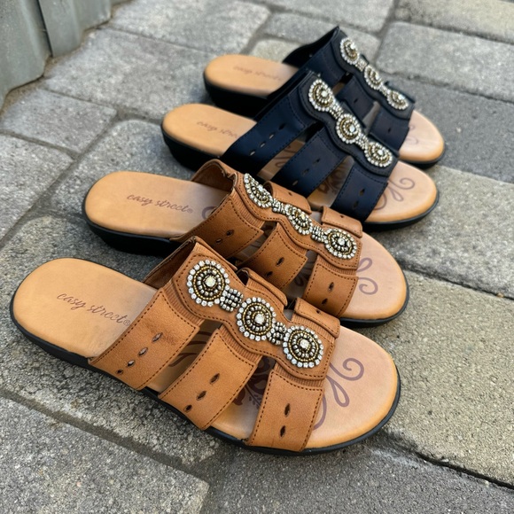 2 Pairs of Open Toe Beaded Rhinestone Flat Slide Sandals - Picture 5 of 12